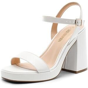 Dream Pairs Women Size 8 White Faux Leather 4.5" Chunky Heel Open Toe Shoes